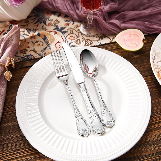 KEAWELL Premium  Regalia 20-Piece 18/10  Stainless Steel Flatware Set – European Classical Luxury Silverware Set, Dishwasher Safe for Everyday Meals and Formal Entertaining (20, Silver)