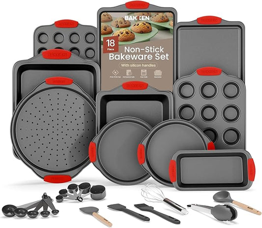 BAKKEN Kitchen Baking Pan Set - Nonstick Coating, Carbon Steel Bakeware Sets with Red Silicone Handles, Baking Kitchen Essentials, PFOA, PFOS, PTFE Free, Oven Safe Tray (Up To 450° F), Set of 18