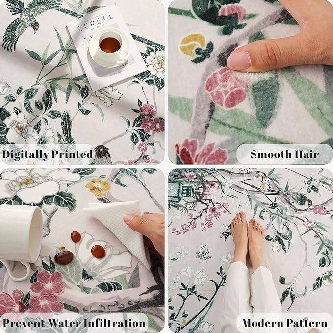 Runner Rug Chinoiserie-Style Floral Vintage Kitchen Rugs Non Slip Washable with Rubber Backing Soft Carpet for Laundry, Bedroom, Bathroom, Beige