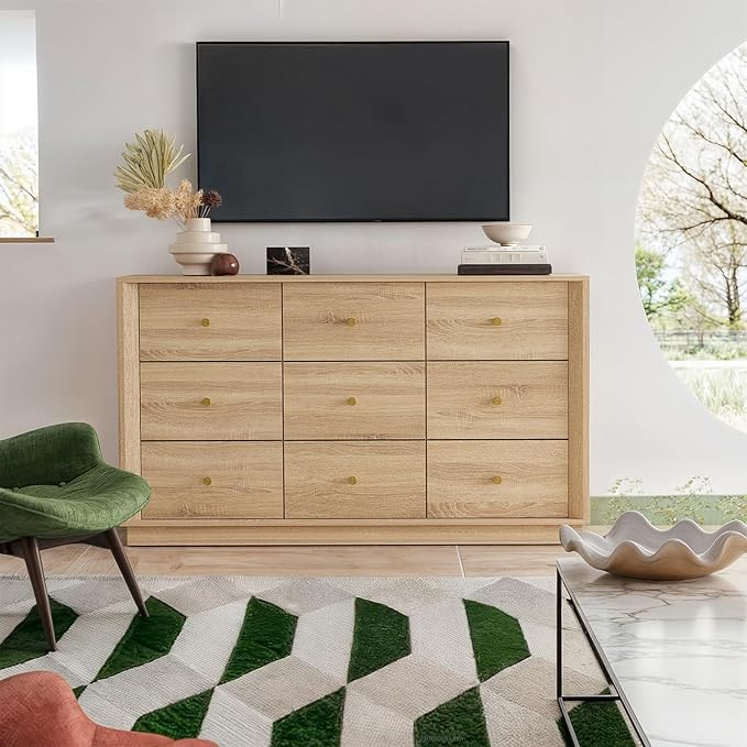 9 Drawer Dresser, Mid Century Modern Dresser with Storage, 55" Wide Chest of Drawers with Wood Grain Texture, Drawers Organizer for Bedroom, Living Room, Hallway, Oak