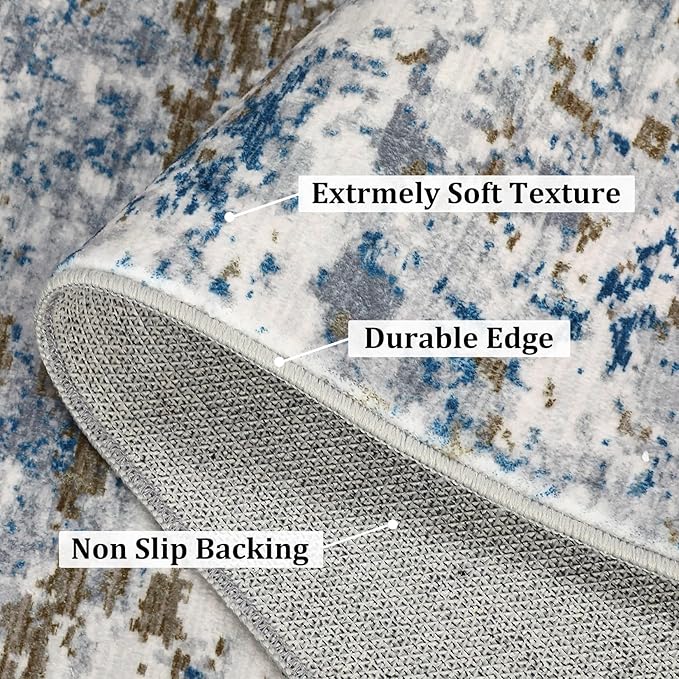 10x13 Modern Abstract Area Rug Faux Wool Low Pile Ultra Soft Stain Resistant Accent Washable Non Slip Non Shedding Throw Rug for Living Room Bedroom Home Decor, Navy