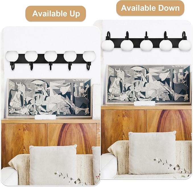 37 Inch Bathroom Light Fixtures, 5-Lights Black Vanity Light with Milk White Globe Glass Shade, Bath Vanity Wall Mounted Lighting Over Mirror for Kitchen