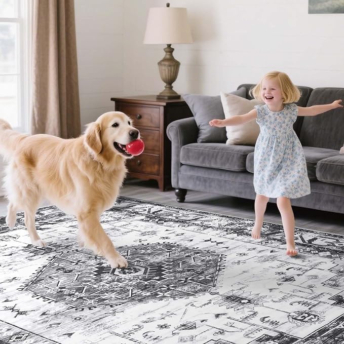 Large Washable 6x9 Area Rug, Grey Vintage Floral Rugs for Living Room, Non Slip Low Pile Carpet for Bedroom Dining Room, Thin Indoor Carpet for Office Classroom