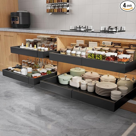 4 Pack Pull Out Cabinet Organizers 21" Deep With Raising Pad for Framed Cabinets, Expandable Width (15.2"-26.3") Slide Out Drawers Upgrade 3 Slide Rails, Roll Out Shelves Adhesive, Black