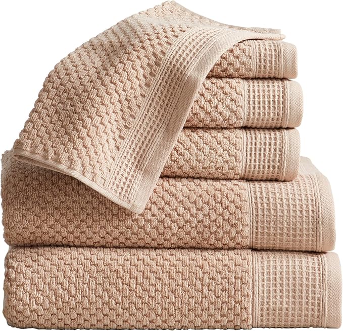 Belle Collection 100% Cotton Waffle Textured 6 Piece Towel Set | Super Soft Quick Dry Bath & Hand Towels, Washcloths | Beige
