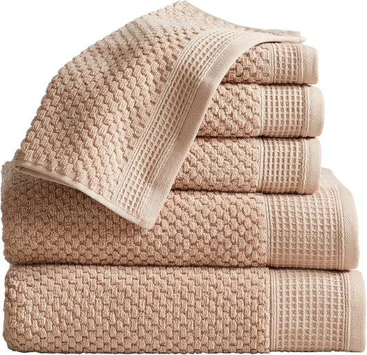 Belle Collection 100% Cotton Waffle Textured 6 Piece Towel Set | Super Soft Quick Dry Bath & Hand Towels, Washcloths | Beige