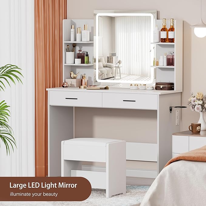 Vanity Desk with Mirror and Lights, 3-Color Lights Adjustable Brightness, White Vanity Makeup Desk with Drawer & Charging Station, Large Dressing Table Make Up for Bedroom