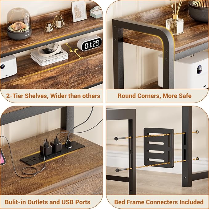 Aheaplus Headboard for Queen Size Bed Frame, Headboards with Outlets, USB Ports and LED Light, Head Board with Storage, Height Adjustable, Sturdy and Stable Headboard, Queen Size, Rustic Brown