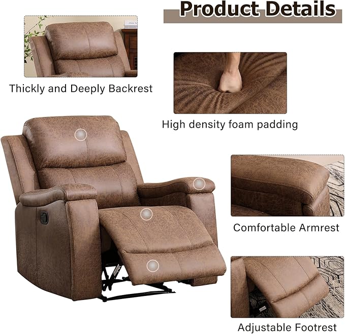 CANMOV Leather Recliner Chair, Classic and Traditional Manual Recliner Chair with Overstuffed Arms and Back, Manual Single Sofa with Concealed Cup Holders,Nut Brown