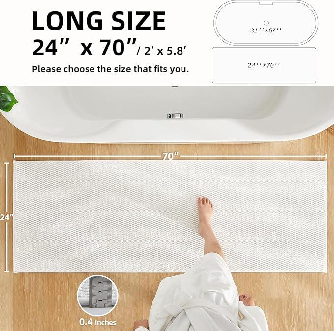 Bathroom Runner Rugs Non Slip Washable Chenille Bath Rug Super Absorbent Long Bath Mat Quick Dry Low Pile, White 24"x70
