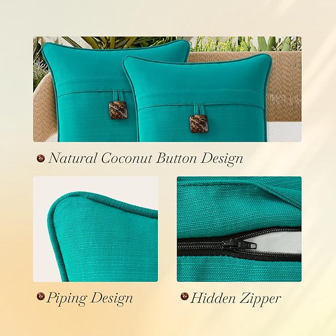 Outdoor Decorative Pillows with Coconut Button Pack of 4, 16" x 16" Outdoor Pillow Set for Couch Bed Throw Patio Sofa, Peacock Blue