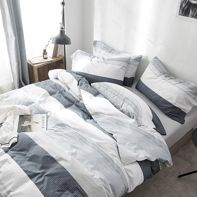 mixinni Gray Striped Comforter King Size Modern Geometric Comforter Set for Boys Men, 1 Geometric Comforter and 2 Pillow Shams, All Season-King Size