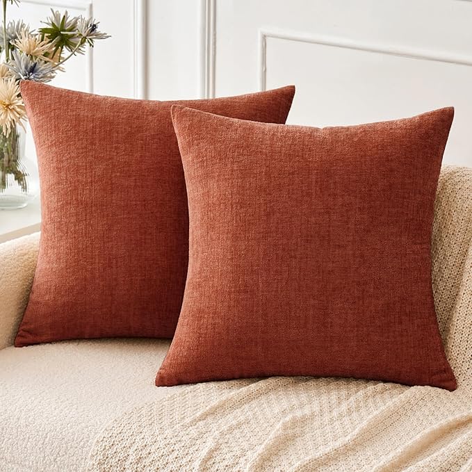 MIULEE Pack of 2 Couch Throw Pillow Covers 18x18 Inch Fall Soft Burnt Orange Chenille Pillow Covers for Sofa Living Room Solid Dyed Pillow Cases