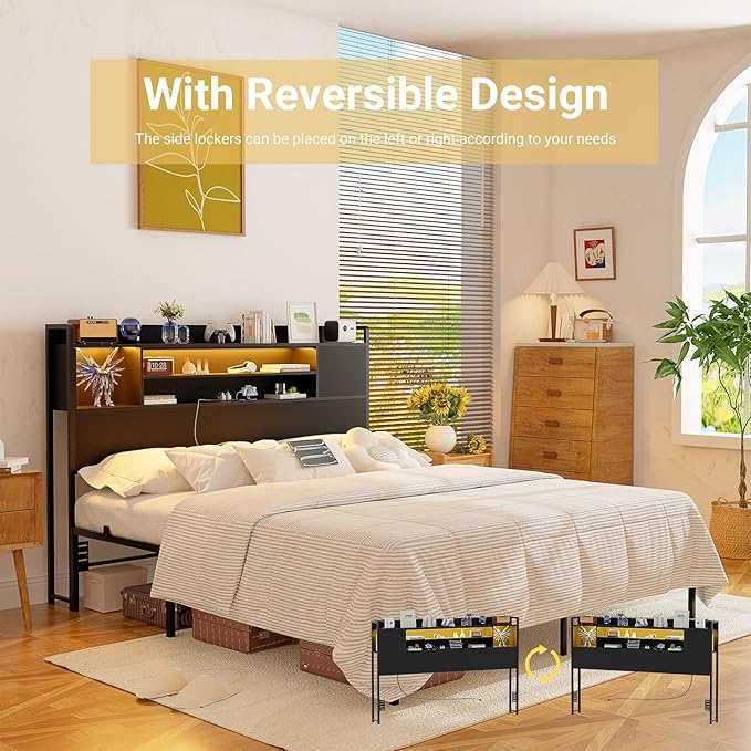 Unikito Headboard for Full Size Bed, Bookcase Style Head Board with Power Outlet and RGB LED Light, Reversible Headboard with Storage, Height Adjustable, Sturdy and Stable, Full Size, Black