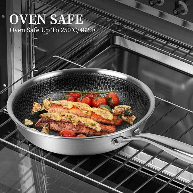 Tri-Ply Stainless Steel Frying Pan Set with Lid,8 Inch,9.5 Inch and 11 Inch Nonstick Honeycomb Stainless Steel Cooking Skillet Set of 3 for Induction Gas Stovetops