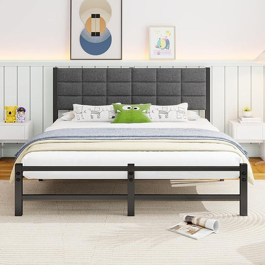 Full Bed Frame with Headboard,Metal Platform Bed Frame Full Size,Upholstered Bed Frames Full No Box Spring Needed/Under Bed Storage/Easy Assembly,Metal Slats Support/Noise Free,Grey