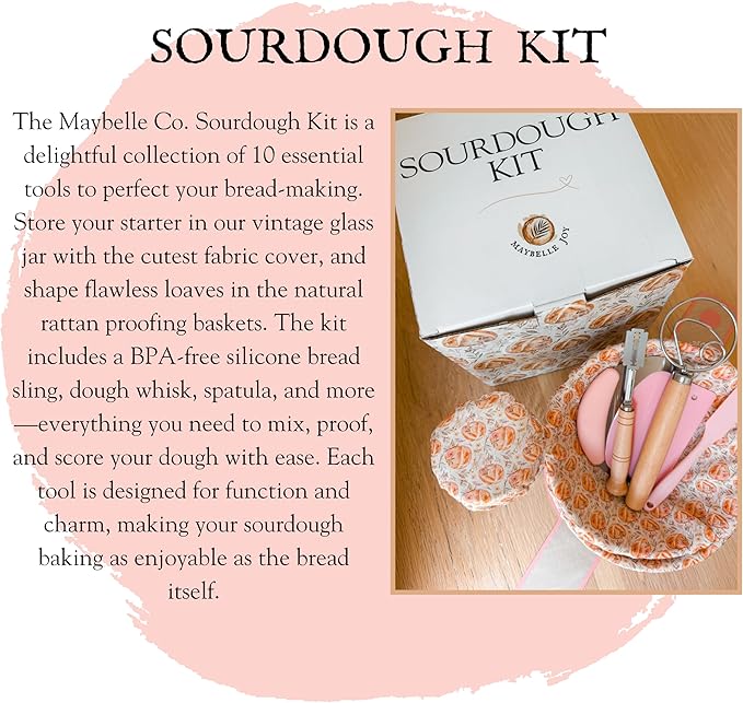 10 Piece Sourdough Kit | Vintage Jar | Bannetons Proofing | Custom Cute Jar and Cover | Dough Whisk | Pink Dough Scraper Cutter | Bread Lame | Silicone Spatula