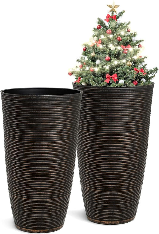 23.5" H Tall Planters, 2-Pack Taper Large Flower Pots for Indoor Outdoor Use, UV-Protect PP Plant Container for Garden Patio Yard Balcony Porch or Home Decor, Bronze Vertical Stripes Texture