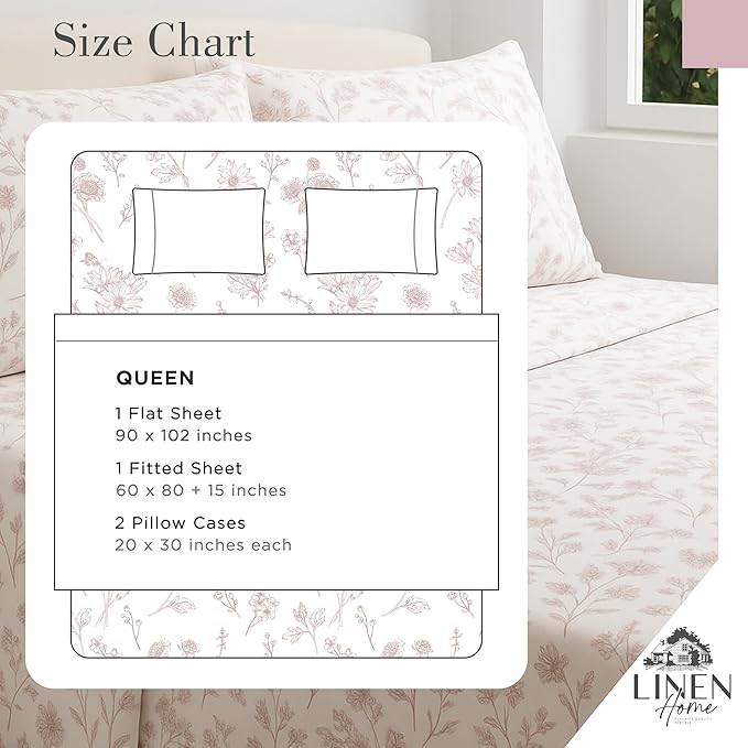 Linen Home 100% Cotton Printed Percale Sheets Queen Size, Deep Pocket, 4 Pieces Set - 1 Flat, 1 Deep Pocket Fitted Sheet and 2 Pillowcases, Crisp Cool and Strong Bed Linen, Mauve Botanical Floral
