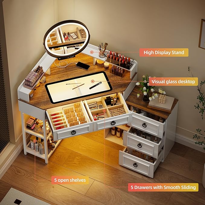 Corner Vanity Desk with Rotating Mirror and Lights,Glass Top Makeup Vanity with Human Body Senor&Charging Station,LED Vanity Table Set with 5 Drawers and Shelves for Bedroom