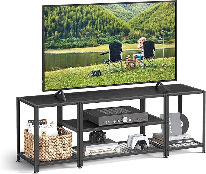 VASAGLE Modern TV Stand for TVs up to 65 Inches, 3-Tier Entertainment Center, Industrial TV Console Table with Open Storage Shelves, for Living Room, Bedroom, Black with Wood Grain ULTV097B22