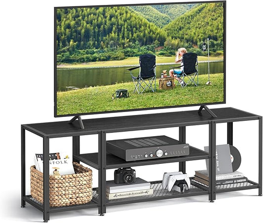 VASAGLE Modern TV Stand for TVs up to 65 Inches, 3-Tier Entertainment Center, Industrial TV Console Table with Open Storage Shelves, for Living Room, Bedroom, Black with Wood Grain ULTV097B22
