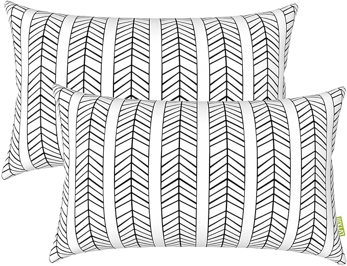 LVTXIII Set of 2 Patio Lumbar Pillows, 12”x20” Fade Resistant Outdoor Lumbar Pillow with Inners, Fluffy Decorative Garden Lumbar Cushions for Home Patio Coach Sofa Use, Herringbone Black White