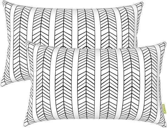 LVTXIII Set of 2 Patio Lumbar Pillows, 12”x20” Fade Resistant Outdoor Lumbar Pillow with Inners, Fluffy Decorative Garden Lumbar Cushions for Home Patio Coach Sofa Use, Herringbone Black White