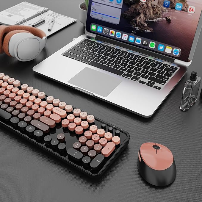 Wireless Keyboard and Mouse Combo, Ergonomic Full Size Typewriter Retro Round Keycaps Keyboard, Compatible with Windows, PC, Perfer for Home and Office Keyboards (Aurora Red)