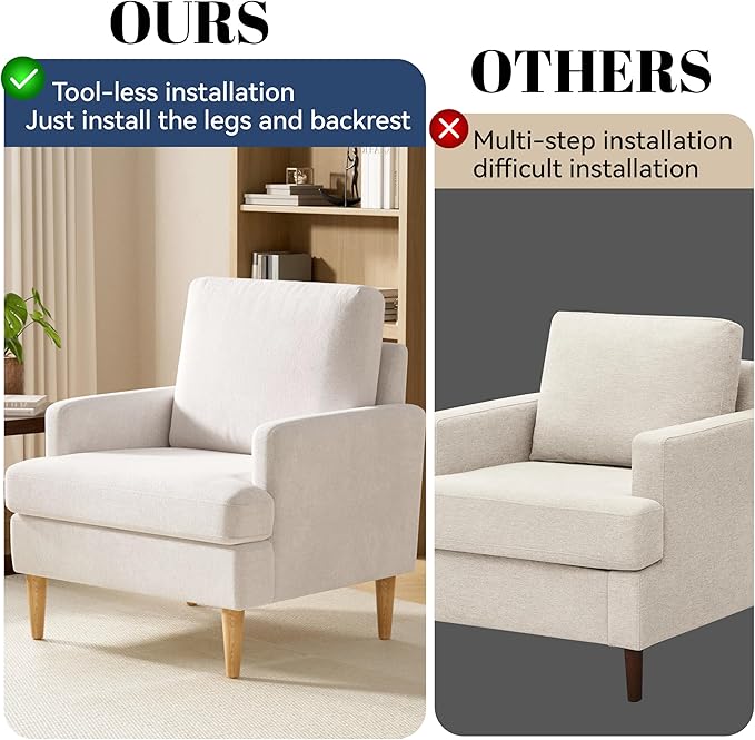 VKNOW Mid-Century Accent Chair, Modern Upholstered Chenille Armchair for Living Room,Comfy Reading Accent Chairs with Wood Legs for Bedroom, Beige