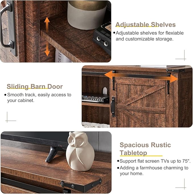 T4TREAM Farmhouse TV Stand for 75 Inch TV, Rustic Entertainment Center w/Sliding Barn Door, Large Media Console Cabinet w/Storage Shelves, Wood Television Stand for Living Room, Reclaimed Barnwood