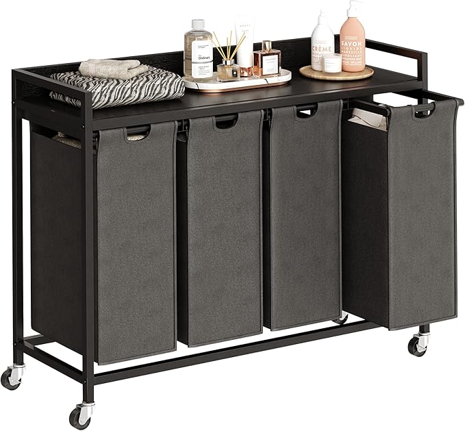 Laundry Hamper with Shelf, Laundry Basket 4 Section, Laundry Sorter with Pull-Out Removable Large Bags and Movable Wheels, Metal Frame, 4 x 15.87 Gallons (60L), Black and Gray PF07XLB