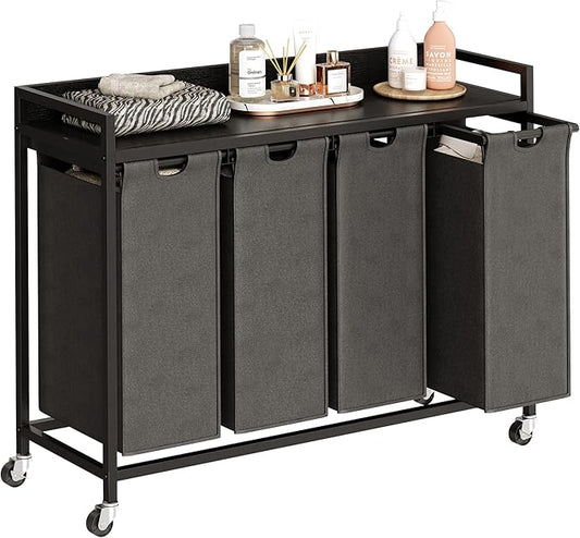 Laundry Hamper with Shelf, Laundry Basket 4 Section, Laundry Sorter with Pull-Out Removable Large Bags and Movable Wheels, Metal Frame, 4 x 15.87 Gallons (60L), Black and Gray PF07XLB