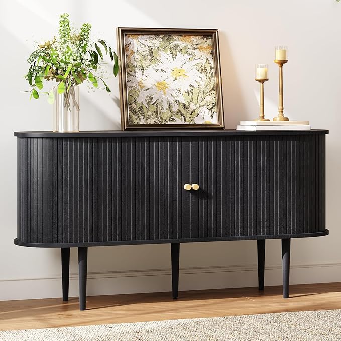 AMERLIFE 55" TV Stand with Solid Wood Legs, Mid Century Modern TV Console with Tambour Door for 80-inch TV, Dust-Proof Storage Cabinet for Living Room, Embossed Black