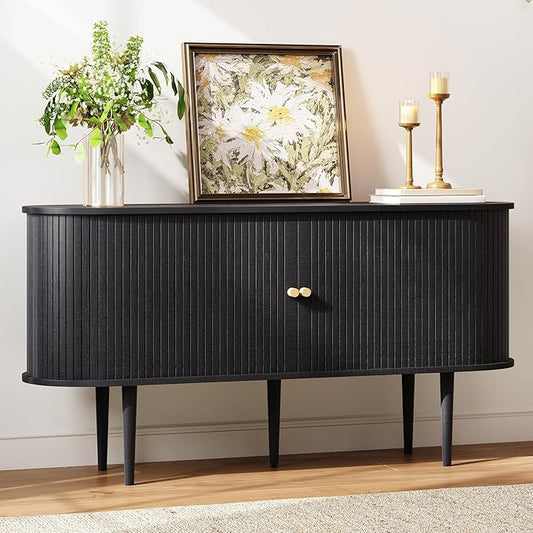 AMERLIFE 55" TV Stand with Solid Wood Legs, Mid Century Modern TV Console with Tambour Door for 80-inch TV, Dust-Proof Storage Cabinet for Living Room, Embossed Black