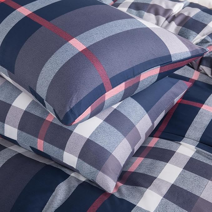 CLOTHKNOW Navy Blue Plaid Queen Comforter Set 3Pcs Tartan Bedding Comforter Sets All Season Soft Blue Grid Buffalo Comforter with 2 x Pillow Cases