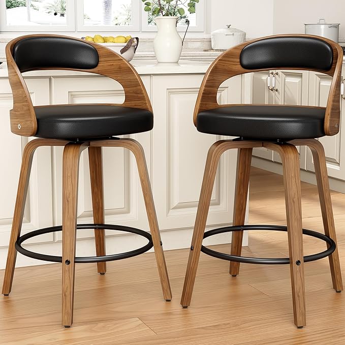 Swivel Bar Stools Set of 3, 26" Counter Height Bentwood Barstool, Mid-Century Modern PU Leather Upholstered Bar Chair with Back and Footrest, for Kitchen Island, Bar, Cafe, Dining Room, Black