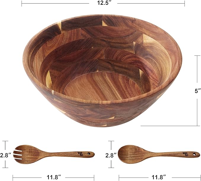 Wooden Salad Bowls with Serving Utensils, Large 12.5" Acacia Wooden Bowls for Food, Perfect as Fruit Bowl, Serving Bowls, Mixing Bowls, Handmade, Durable and Stylish Natural Wood Dinning Accessory