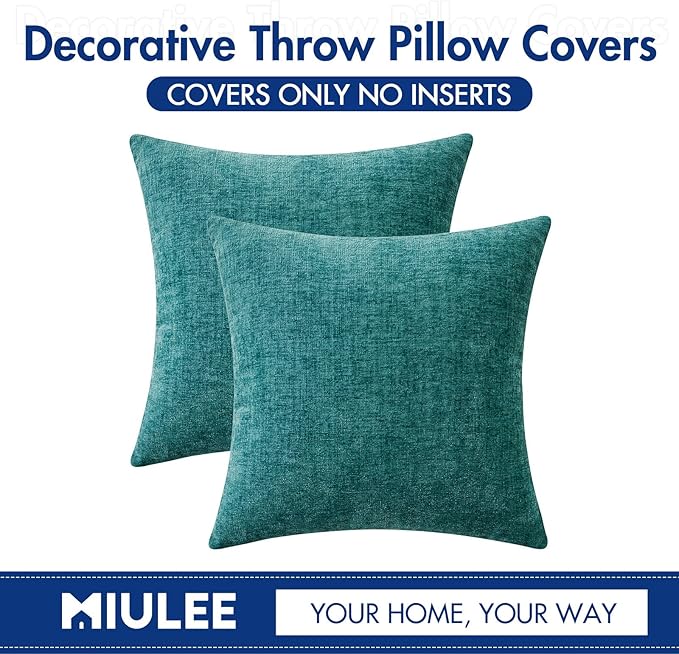 MIULEE Pack of 2 Couch Throw Pillow Covers 18x18 Inch Soft Teal Chenille Pillow Covers for Sofa Living Room Solid Dyed Pillow Cases