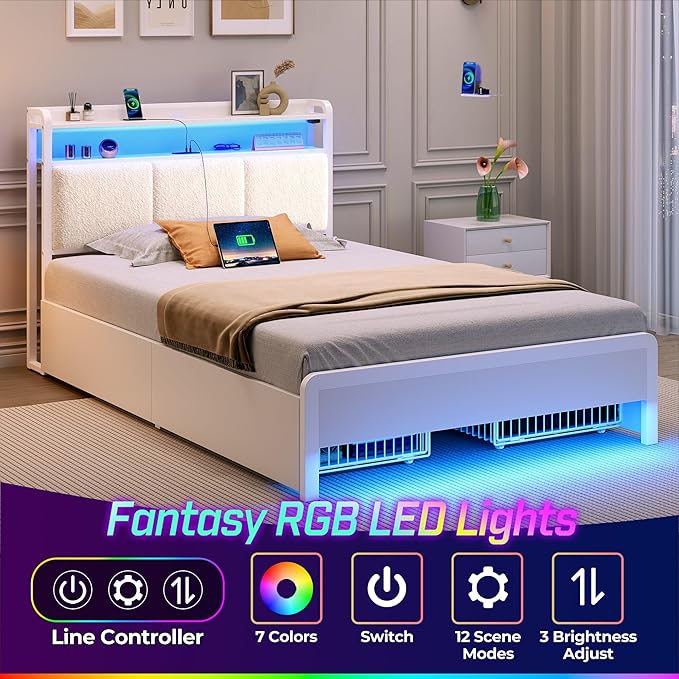 Rolanstar Bed Frame Twin Size with Charging Station and LED Lights, Upholstered Storage Headboard with Drawers, Heavy Duty Metal Slats, No Box Spring Needed, Noise Free, Easy Assembly, White