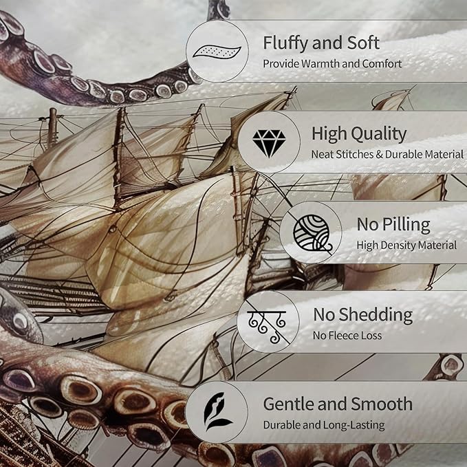 Octopus Nautical Blanket - Ultra Soft, Fluffy, Lightweight Flannel Throw Blankets for Couch, Bed, Travel, Outdoor - Cozy, Fuzzy Animal Home Decor, for Adults Kids Men Boys 80×60 in