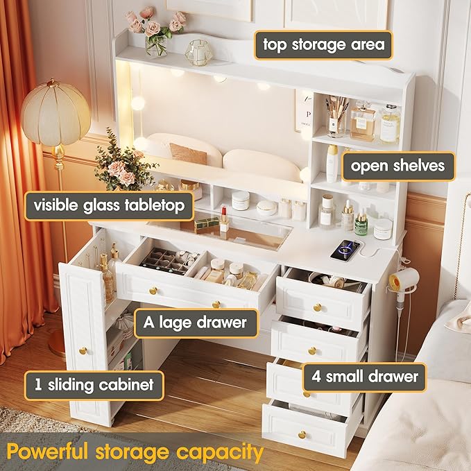 Maupvit 47.1" Makeup Vanity with Mirror and Lights,White Vanity Desk with Drawers and Shelves，Large Makeup Table with Glass Top，Bedroom Dressing Table