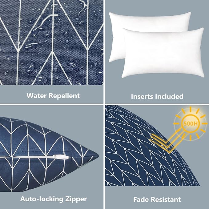 LVTXIII Set of 2 Patio Lumbar Pillows, 12”x20” Fade Resistant Outdoor Lumbar Pillow with Inners, Fluffy Decorative Garden Lumbar Cushions for Home Patio Coach Sofa Use, Herringbone Navy