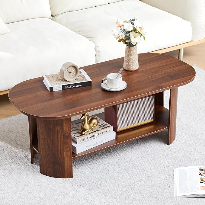 43.3” Oval Coffee Table with Storage, Wood Coffee Tables for Living Room, Farmhouse Center Table with 2-Tier Storage Shelf Low Tea Table for Small Space, Home, Office (Walnut)
