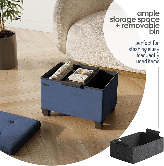 STORAGEBUD Storage Ottoman Cube with Small Bin, 16-in Square Ottoman with Storage for Living Room and Bedroom, Small Ottomans Foot Rest, Fabric Foot Stools Ottomans Max 330lbs, Blue