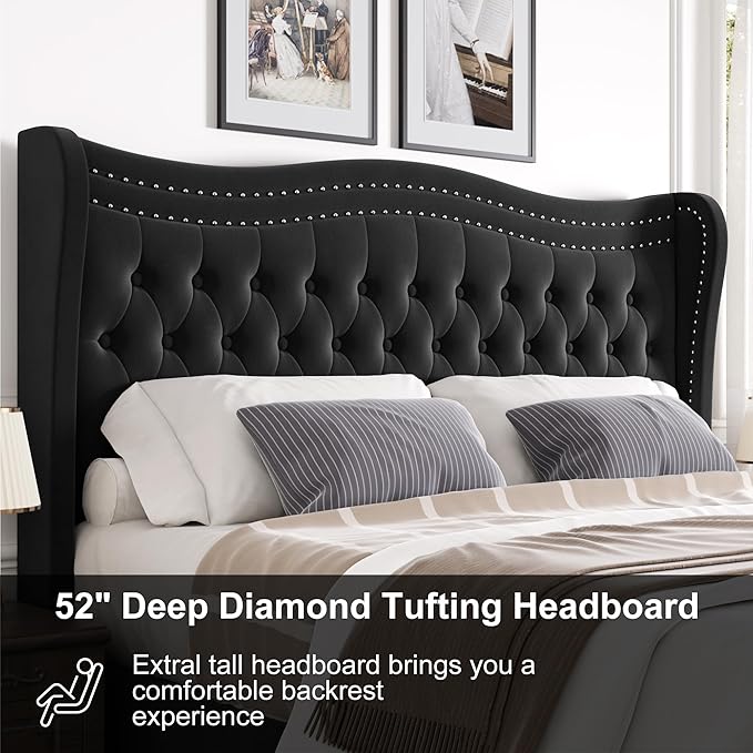 King Bed Frame with Tall Headboard & Footboard, Velvet Upholstered Platform Bed Frame with Deep Button Tufted Wingback, No Box Spring Needed, Noise Free, Black