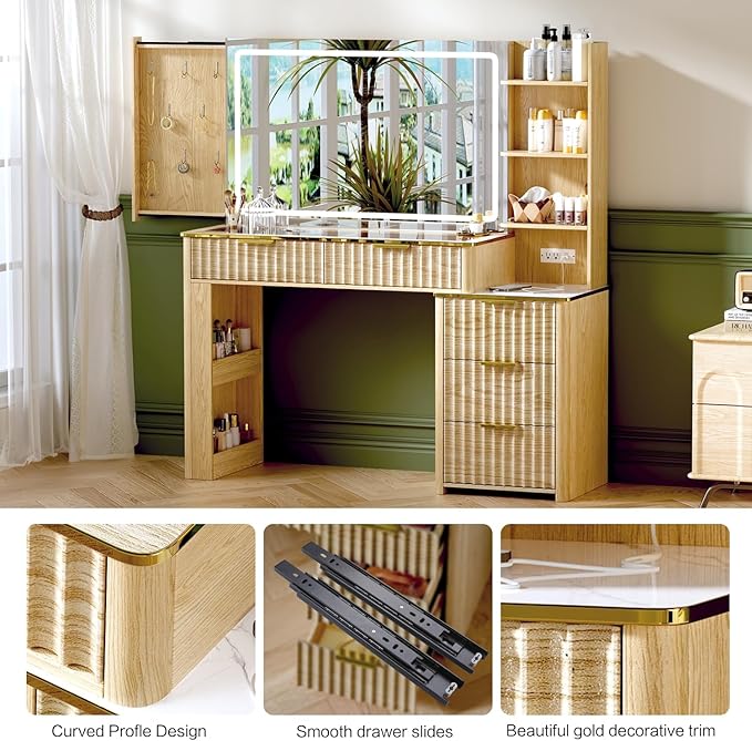 Modern Vanity Desk with Mirror and Lights, 49.2'' Fluted Makeup Vanity Desk with 5 Drawers and Shelves,Dressing Table with Glass Top and Power Outlet for Bedroom,Natural Oak