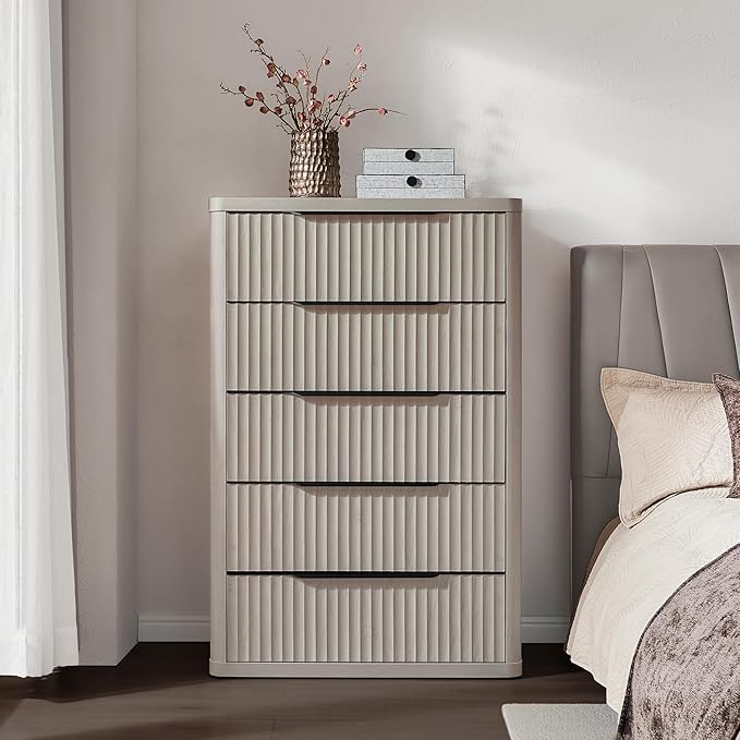 SICOTAS Dresser for Bedroom - Tall Dressers & Chests of Drawers with 5 Drawers Large Modern Dresser for Closet Fluted Wide TV Stand Clothes Closet Storage for Bedroom Hallway Entryway, White Alder
