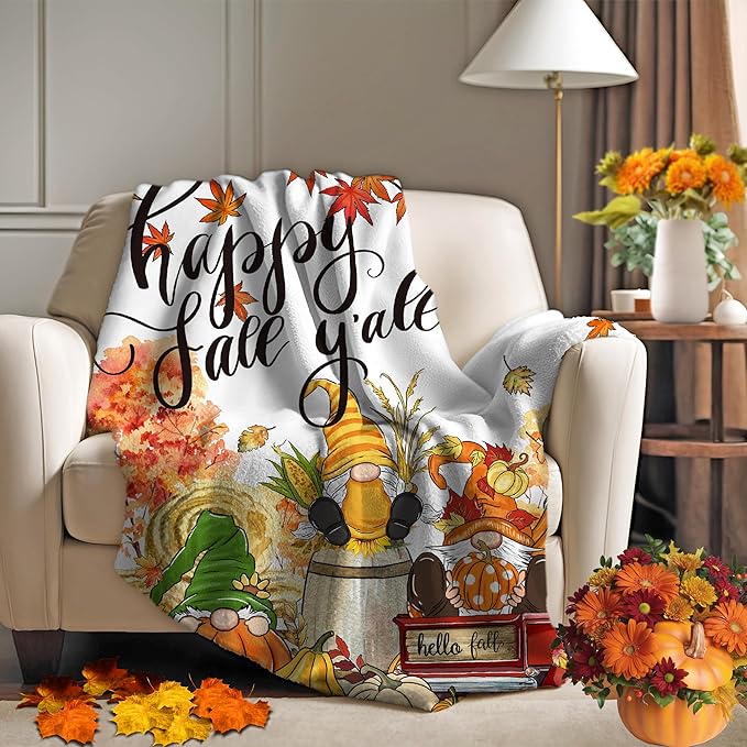 Fall Blanket, Fall Gnome Throw Blanket 50"X60", Autumn Decorations for Home Flannel Thanksgiving, Decorative, Cozy, Warm, Perfect for Bed, Couch, Movie Theater, Gift for Him or Her, Harvest Seasonal