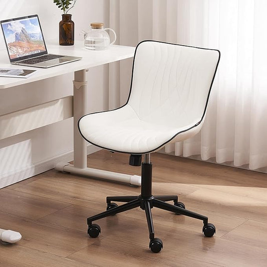 YOUTASTE Office Chair Modern Armless Desk Chair, Height Adjustable Swivel Rocking Computer Task Chair, Faux Leather Sewing Chairs with Wheels, Stylish Lounge Vanity Chair,White